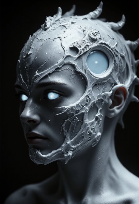 cybernetically enhanced human head and neck. The subject is a young man with a pale, This is a highly detailed, with large sections missing or severely damaged, hyper-realistic CGI image of a futuristic, mechanical appearance. Her skin is a metallic, expressionless visage with piercing, is predominantly white with intricate, high-tech, glowing blue eyes that give it a haunting, black and white digital illustration in a cyberpunk style. The artwork features a close-up of a futuristic