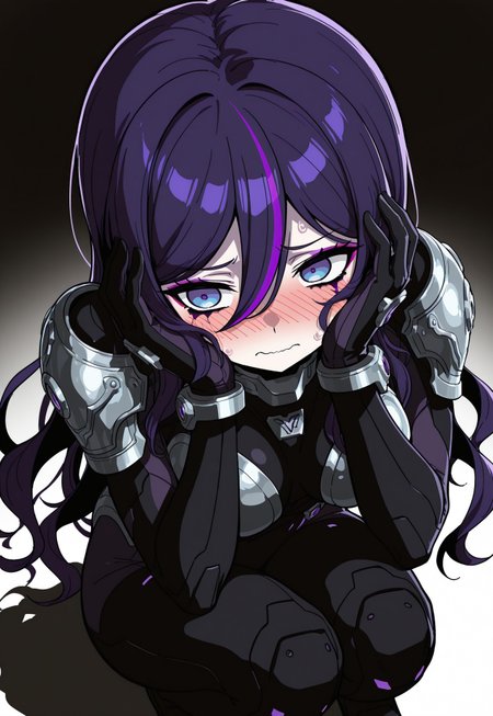 high contrast, masterpiece, best quality, amazing quality, very aesthetic, high resolution, ultra-detailed, absurdres, 1girl, solo, Eva, long hair, blue eyes, purple eyes, purple hair, hair between eyes, multicolored hair, streaked hair, armor, makeup, black bodysuit, addmicrodetails, embarrassed, DX, holding head, crouching, 