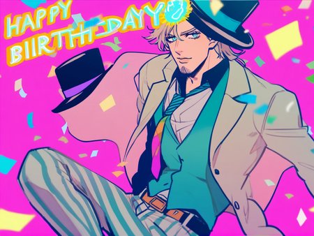 1boy, male focus, 
will anthonio zeppeli, jojo no kimyou na bouken, 
solo, happy birthday, striped clothes, confetti, suit, facial hair, necktie, birthday, blue eyes, hat, striped pants, black hair, top hat, formal, pants, 
  safe
 <lora:mki-ani31-GenshinPV-v2-000012:1>