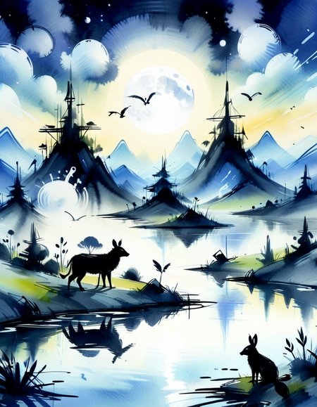 ink, subversive minimalistic animal in a dreamlike environment at evening,