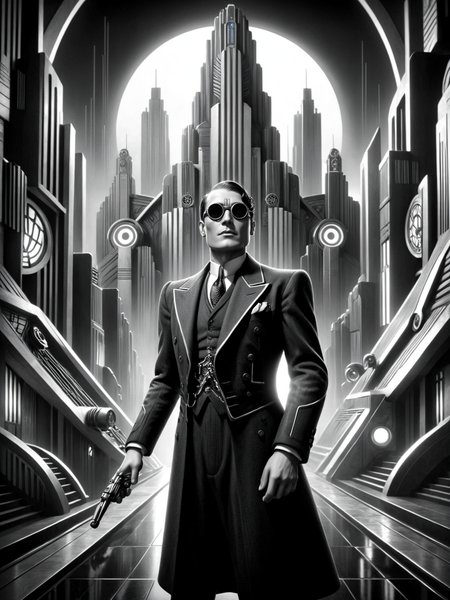 (man:1.3), futuristic, stylized, art deco, expressionist, 1920s, black and white <lora:Metropolis_Movie_Style_SDXL:0.8> mad-ropolis-movie, (masterpiece:1.2), best quality, (hyperdetailed, highest detailed:1.2), high resolution textures