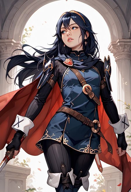 masterpiece,best quality, highly detailed, score_9, score_8_up, score_7_up, score_6_up, score_5_up, score_4_up, ((zPDXL3)), ((zPDXLxxx)), Expressiveh, defLuci, long hair, tiara, cape, shoulder armor, blue tunic, long sleeves, cuffs, blue scarf, fingerless gloves, belt, pants, thigh boots, highres, holding, holding sword, holding weapon, long hair, looking away, sword, adult lustful confident woman, petite, slender body, perky saggy natural breasts, full lips, bangs, sidelocks, straps, 
chinese magical sorceress, animated, swirling magic, wisps of magic, dancing pose, tight squeezed outfit, magical accessories, evoking motion, conveying motion, dynamic splash art