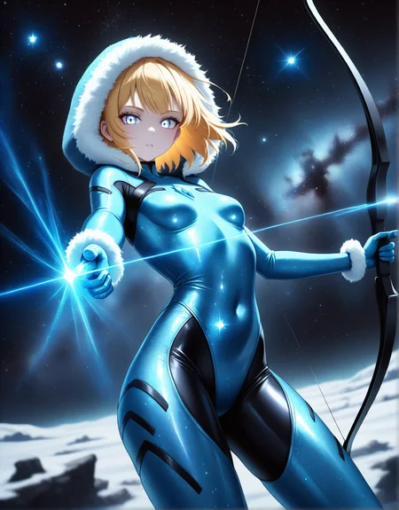 masterpiece, best quality, good quality, very aesthetic, absurdres, newest, 8K, depth of field, in the style of cknc, artist:moriimee, in the style of cksc, 1girl, pale skin, long blonde hair, loose, icy blue eyes, small breasts, perky, fur-lined hood, glossy skin, aiming bow, looking at viewer, from side BREAK snowy mountain peak, wind howling, ice glittering BREAK cool tones, frosty glow, high contrast, sharp details, rich textures, fierce atmosphere, yazloba_space,night sky,milky way,starry sky,space,galaxy  , <lora:yazloba_space_ill:1>