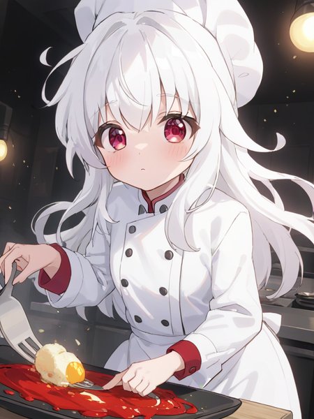 kelala girl,white hair,Red eyes,<lora:xl_kelala girl-000011:0.9>,chef hat,