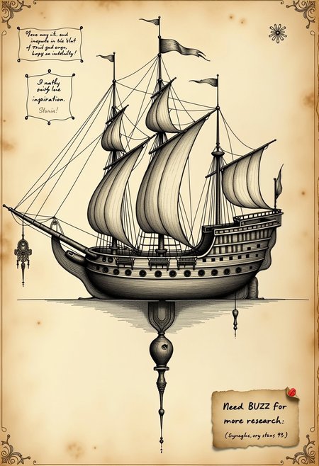 <lora:Flux-Davinci-ink-sketch-V2.safetensors:0.9>,  a davinci diagram in the style of the voynich manuscripts depicting a nautilus being inspiration for an underwater ship, inspired by captain nemo. hand written annotations, aged parchment, Machina Magnifica. Note affixed that says "Need BUZZ for more research", 4k quality
