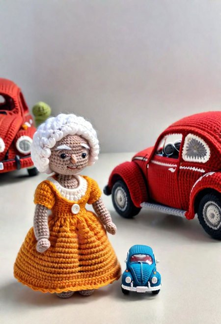 Crocheted Grandma Doll standing beside a toy Volkswagen Beetle