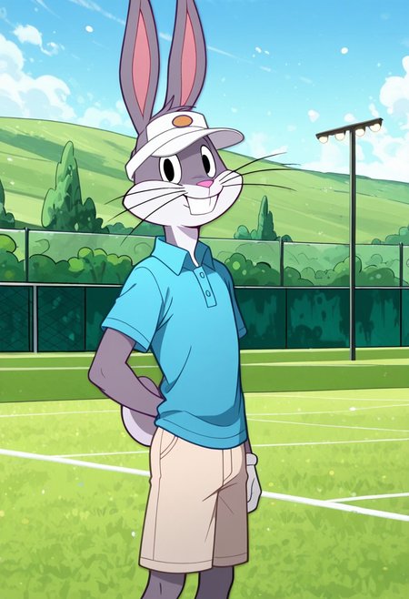masterpiece, best quality, amazing quality, very aesthetic, absurdres, newest,  high quality, detailed, male, solo male, BugsBunny, 1boy, mature male, male, athletic build:1.0, rabbit, black eyes, grey fur, light underbelly, whiskers, broad shoulders, blue polo shirt, tan shorts, white visor, outdoors, country club, looking at viewer, smiling, volumetric lighting, day time, half body