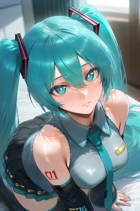 1girl, aqua eyes, aqua hair, hatsune miku, twintails, very long hair, hair ornament, bangs, hair between eyes, shoulder tattoo, medium breasts, shiny hair, number tattoo, eyelashes, bright pupils, detailed background, grey shirt, collared shirt, bare shoulders, pleated skirt, miniskirt, black thighhighs, zettai ryouiki, detached sleeves, sleeveless shirt, black sleeves, aqua necktie, black skirt, long sleeves, wide sleeves, sleeves past wrists, frills, wing collar, mikayori, masterpiece, best quality, very aesthetic, absurdres