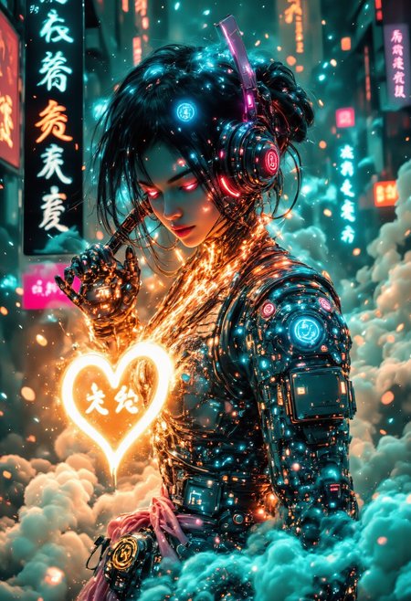 Female samurai cyborg in a cyberpunk city at night, Cyber-Samuraji,Cyber_Samuraji, in the style dark cyber world is a cyberpunk,<lora:flux\aidmaMJ6.1-FLUX-V0.3:0.6>aidmaMJ6.1 ,DSLR RAW photo cyborg woman, cybernetic parts, mechanical, 