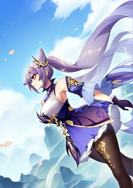 <lora:å¤æ¸¸48è²å½©éYEYOUCAIQIAN:1>,1girl, keqing \(genshin impact\), huge breasts, wide hips, genshin impact, absurdly long hair, armpits, black gloves, black pantyhose, choker, cloud, cloudy sky, cone hair bun, detached sleeves, double bun, from side, gloves, hair between eyes, hair bun, long hair, looking away, pantyhose, parted lips, petals, purple eyes, purple hair, sidelocks, sky, solo, twintails, very long hair, wide sleeves, wind,
animated, dynamic angle,very awa, masterpiece, best quality, highres, absurdes,amazing quality,very aesthetic,intricate details,detailed background, <lora:hand 5.5:1>