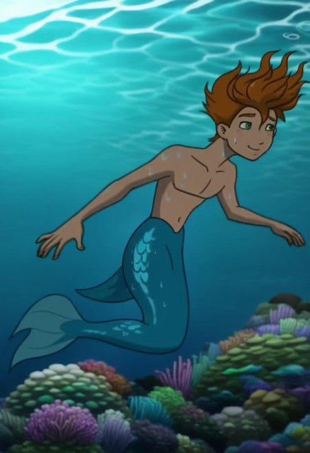 realistic shading, sidelighting, expressive cute happy face Romy, solo, orange hair, 1boy, male focus, green eyes, looking away, smiling, shiny skin, wet, sweatdrop, sweating, swimming underwater, merman cosplay, fish tail, cowboy shot, day underwater, surreal, symbolic background, shadow, foreshortening, dutch angle, dynamic angle, dynamic action, atmospheric perspective, cinematic, intricately detailed illustration, depth of field, masterpiece, best quality, amazing quality, very aesthetic, absurdres, newest, anime screencap, full body,