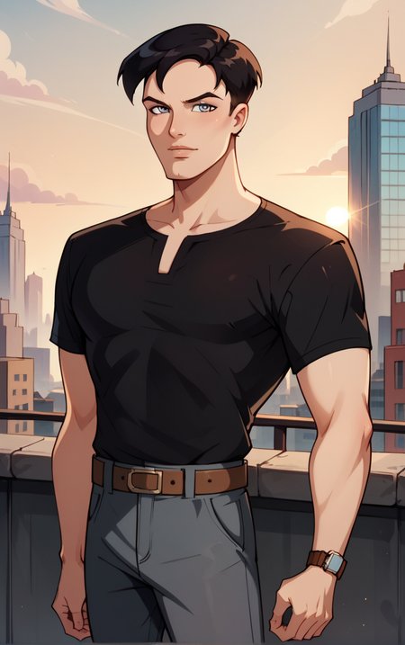 score_9, score_8_up, score_7_up, BREAK
BlackShirt_TerryMcGinnis_ownwaifu, 
1boy, black hair, grey eyes, short hair, bangs, 
black shirt, short sleeves, t-shirt, belt, brown belt, wristwatch, watch, grey pants, shirt tucked in, blue pants, belt buckle,
(contrapposto, hand on hip), sunset, sidelighting, cityscape, vanishing point, outdoors,  depth of field, solo,  
<lora:PONYXL_DC_BatManBeyond_TerryMcGinnis_ownwaifu_r1:0.8> , depth of field, 
,