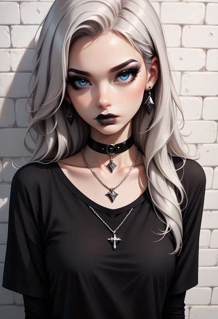 score_9, score_8_up, score_7_up,Goth girl, goth girl 1girl, 1girl,solo,long hair,looking at viewer,blue eyes,shirt,jewelry,closed mouth,white hair,grey hair,earrings,choker,necklace,lips,black shirt,from above,black choker, 
<lora:Goth_girl_XL-v2:0.8>,