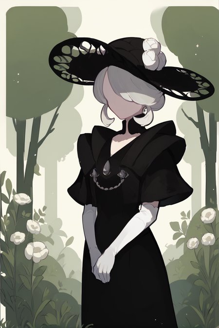 Score_9, Score_8_up, score_7_up, score_6_up, solo, 1girl, cogita, white hair, short hair, hair over one eye, outdoors, standing, cowboy shot, MinimalStyle, featureless face, black dress, black headwear, hat, white gloves, elbow gloves<lora:EMS-375728-EMS:1.000000>, <lora:EMS-333626-EMS:1.000000>