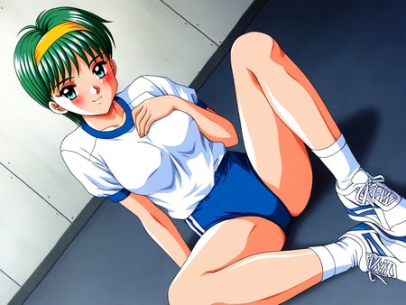general,highres, ultra-detailed,very aesthetic,best quality ,best hands, BREAK <lora:Kiyokawa_Nozomi_Tokimeki_Memorial_IS:1>
Kiyokawa_Nozomi(Tokimeki_Memorial), 1girl, solo, green hair, short hair, green eyes, bangs, medium breasts,
gym uniform, hairband, buruma, smile, dutch angle, sneakers, blush,
 blue buruma, shoes, looking at viewer,