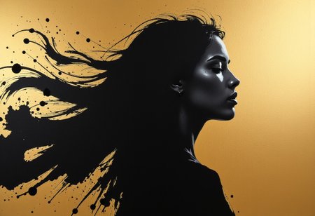 Closeup body, A hyper-stylistic,, extremely detailed image is a breathtaking painting created from a combination of smeared black and gold metallic colors. The silhouette of a young  woman is captured in streaks as if they were moving rapidly in the same direction. The black paint is applied in bold, dynamic strokes, creating a sense of energy and movement that contrasts beautifully with the gold accents. Gold paint is used to highlight the female silhouette, adding a sense of depth and dimension to the image. The overall effect is an exciting, surreal dynamism, as if the viewer has captured a fleeting moment in time. Every detail of the image is meticulously detailed, from the subtle, swirling patterns of the gold paint to the complex, textural patterns of the black paint. The contrasts between light and dark, color and texture create a sense of tension and energy that draws the viewer in, inviting them to explore the kinetic world of the painting. the highest quality, intricate detail, visually stunning, masterpiece, black and gold street backdrop