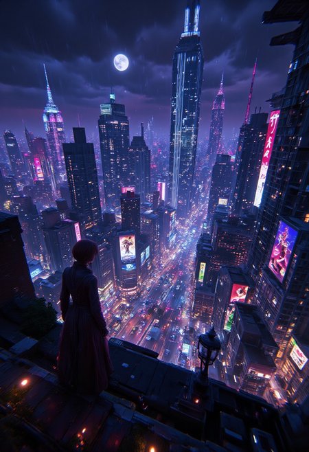 Cyberpunk Cityscape at Night: A sprawling city illuminated by vibrant neon lights and holographic advertisements. The streets are filled with a mix of futuristic vehicles and street vendors selling exotic wares. High above, massive skyscrapers loom, their windows reflecting the chaos below. On a rooftop, a shadowy figure stands, gazing out over the city, their long coat billowing in the wind. The atmosphere is gritty, with rain-slicked streets reflecting the colorful lights, Once Human
, detailmaximizer, aidmaglow, midjourneyv6.1, secretlab