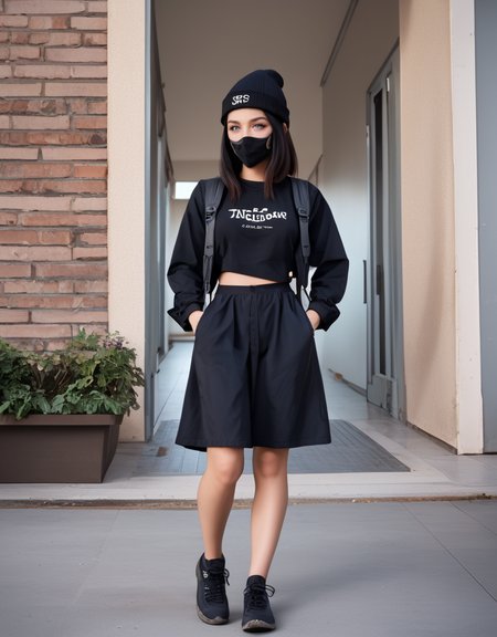 zPDXL2, <lora:TechwearV2:1>, t3chwear, 
1girl, cute face, detailed eyes, long black hair, blue eyes, black face mask, black beanie, walking on a sidewalk, headphones, hands in pockets, full body