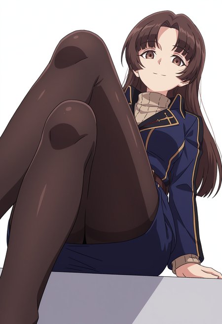 <lora:Kaina Noss_illustrious-000040:1>,
1girl,solo,
TX_KL,long hair,brown eyes,
belt,sweater,blue jacket,turtleneck,blue skirt,turtleneck sweater,
closed mouth,white_background,smile,simple background,looking at viewer,sitting,crossed_legs,from_below,black pantyhose,no shoes