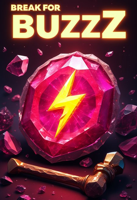 Top of poster are the words "Break for BUZZ"
rp_slgd, A close up, macro, high definition photo of a huge red-pink soulgem fragment, encased inside is a yellow lightning bolt buzz from Civitai, a hammer lays beside the gem. <lora:sdxl\xl_rpr_soulgemmed_v1:0.90> 