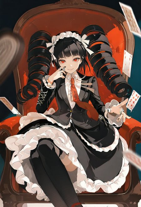 1girl, celestia ludenberg, red eyes, black hair, long hair, necktie, red necktie, drill hair, twin drills, thighhighs, smile, skeleton, twintails, frillsta fashion, bangs, looking at viewer, black nails, black thighhighs, bonnet, sitting, card, jacket, playing card, shirt, long sleeves, frilled skirt, claw ring, layered skirt, solo, black jacket, nail polish, skirt, white shirt, center frills, chair, collared shirt, black skirt, crossed legs, feet out of frame, closed mouth <lora:chongzhenXL_il_lokr_V53P1:0.95>