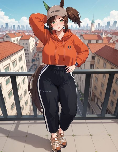 <lora:Ines_fujin_v1.0_Cibitai:0.7>, I_FUJIN,ines fujin,side ponytail,blunt bangs,asymmetrical bangs,brown hair,green eyes,freckles,horse girl,horse ears,horse tail,IF_C,single green ear cover,baseball cap,brown cap,orange hoodie,long sleeves,cropped hoodie,hood down,brack undershirt,shirt tucked in,sweatpants,black sweatpants,brown sneakers,brown shoes,rooftop, sky, cityscape,,full body, standing, arm behind head,eye level, view from side, <lora:Ultimate_Milf_XL:1>, Mature Female, Milf, tall girl,, , score_9, score_8_up, score_7_up, score_6_up, rating_explicit, looking at viewer, 1girl, huge breasts, thick thighs,  blush, wide hips, narrow waist,