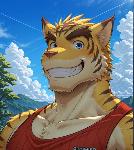 (solo), anthro, furry, male, manly, torahiko, torahiko \(morenatsu\),  masculine, red tank top, upper body, smile, blue sky, portrait, male focus, 
BREAK masterpiece, best quality, amazing quality, very aesthetic, high resolution, ultra-detailed, absurd res, newest, scenery,  <lora:TorahikoIL:0.8>