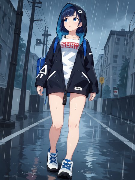 score_9, score_8_up, score_7_up, source_anime, BREAK
1girl, solo, <lora:TokyoStories_Suzu_Pony_v1:0.9>, tokyo streets, dark, (blue hue, blue tone mapping, rainy, heavy rain:1.5), (full body, wide shot:1.3), short hair, bangs, blue hair, blue eyes, white shirt, closed black jacket, black zipper, blue backpack, backpack keychain, (looking away, looking up at sky:1.2), hood up, white sneakers, bare legs, parted lips, walking, dutch angle,