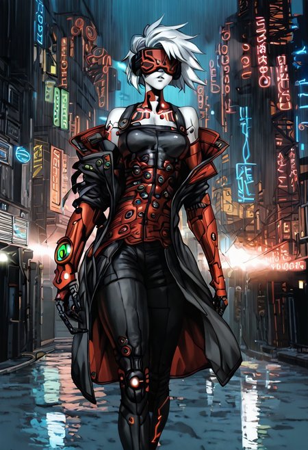 short tomboy hair, clear raincoat, cyberpunk, wearing a vr headset, shiny skin, walking in a cyberpunk dystopian city at night in the poruing rain, illuminated by neon lights  <lora:masamune shirow_pony:1> solo, 1girl, cyborg,  <lora:NAHIRI:1> nahiri, 1girl, solo, short hair, breasts, bare shoulders, white hair, colored skin, white skin , nomads, alguacile, psitol, ligth armour, red armours, ,, source_anime, score_9_up,  score_7_up, score_8_up