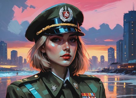 (a girl with a beautiful face), nighttime, cyberpunk city, dark, raining, neon lights , (<lora:DiscoDeliriumXL-v1.2:0.5> disco elysium ), cyberpunk, synthwave, 1980s, futurism, brutalism, neuromancer, cinematic photo in Russia, art by Jakub Rozalski, 1920+ Poland,(wearing a military uniform with a collar, military cap,super hero short cape,polo shirt),walking out of clear Caribbean water onto a beach,Radial balance, Sunrise, Water, Ellipse, ultra detailed, intricate,,((pinkfong baby shark))