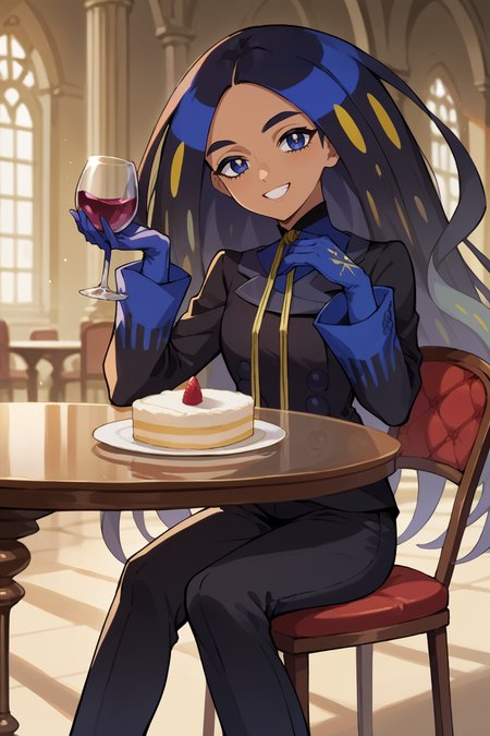 score_9, score_8_up, score_7_up, score_6_up, source_anime, BREAK 1girl   <lora:geeta-pdxl-nvwls-v1-000006:1> geeta, multicolored hair, neck ribbon, black jacket, black pants, gloves, mansion, wineglass, holding wine, round table, chair, cake, looking at you, happy, sitting