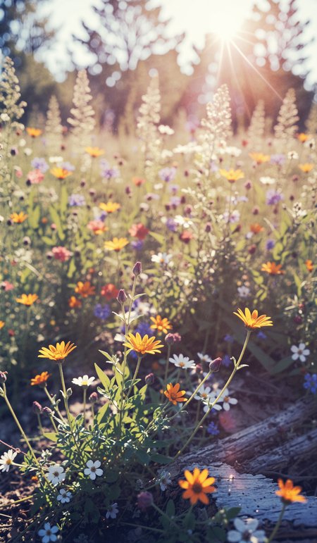 Wild flowers in a sunny spring day, macro, closeup, selective focus. Dramatic unusual scene. Beauty world. Retro filter and vintage style. Instagram toning effect, breathtaking photograph, lensflare and bokeh effects, heavy film grain, shot on kodachrome with post-processing artifacts, reflecting particle effects, slight double exposure