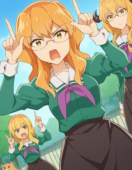 score_9, score_8_up, score_7_up, source_anime, <lora:sumika-chibana-s1-ponyxl-lora-nochekaiser:1>, sumika chibana, long hair, blonde hair, yellow eyes, glasses,, skirt, long sleeves, school uniform, puffy sleeves, serafuku, purple neckerchief, green shirt, black skirt, long skirt,, zoo, animals, cages, visitors, park, , <lora:horns-pose-ponyxl-lora-nochekaiser:1>, horns pose, index fingers raised, angry, steam, open mouth, shouting, anger vein,, looking at viewer, solo,, dutch angle, cowboy shot