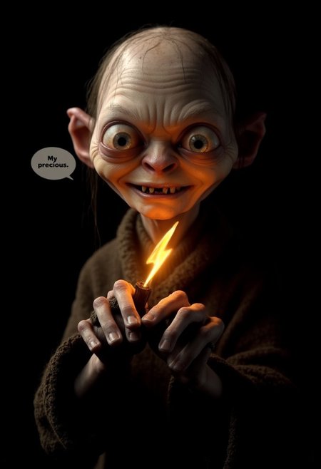 Create a highly realistic, detailed image of Smeagol from The Lord of the Rings. He is holding a small orange lightning bolt emoji that is glowing intensely. Smeagol should have a gaunt, twisted look, with large, expressive eyes, and is whispering 'My precious' in a speech bubble. The background is completely black, with the only illumination coming from the glowing lightning bolt. Render in 4K with realistic lighting and textures.