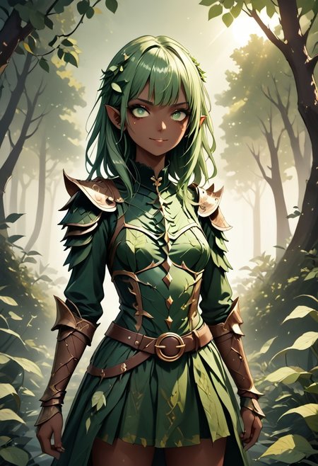 score_9, 1girl, Digital illustration featuring a fantasy-style elven character in a forest setting. The character is A 25-year-old goth darkelf with perfect face and perfect well-endowed hourglass figure lime green hair in long messy hairstyle. She is a darkelf with bleak dark skin and pointy ears, beautiful smile. she is dressed in full medieval-style armor, including shoulder plates, wrist guards, and a belt with a green cloth skirt adorned with various pouches and metal accents. The background is a lush, green forest with sunlight filtering through the trees, creating a mystical atmosphere. The character's facial expression is stern and determined, with green eyes and detailed tattoos on her arms.  WORLD MORPH LEAVES, RED LEAVES, DEAD LEAVES, PLANT GIRL, F41Arm0rXL