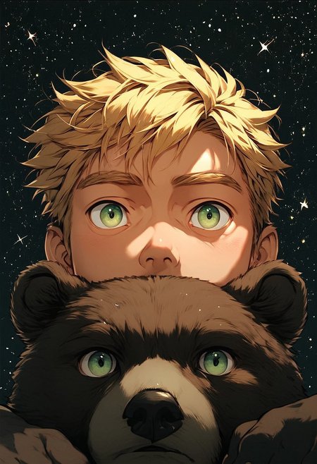 score_9, score_8_up, score_7_up, score_6_up, score_5_up, score_4_up,  male and a bear cub, (black star:1.2), male has blonde hair and green eyes, small eyes, galaxy, black background