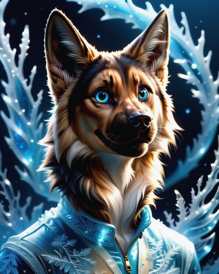 score_9, score_8_up, score_7_up, intricate details, rating_safe,
<lora:BioIceCrystalsPONY:1>, 1boy(made out of Jed-Blmicry, bioluminiscence, translucent,
anthro furry, German Shepherd,
full body, looking at the viewer, solo, smiling), detailed background, depth of field, subsurface scattering, 
<lora:ral-chrosc-clr:0.3>, ral-chrosc-clr,
<lora:xl_more_art-full_v1:0.3>,
<lora:add-detail-xl:0.3>