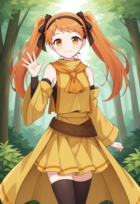1girl, solo, linalyuri, orange hair, long hair, twintails, hair ribbon, hairband, orange eyes, sleeveless shirt, detached sleeves, tabard, ascot, skirt, waist cape, belt, thighhighs, outdoors, forest, waving, cowboy shot, smile,