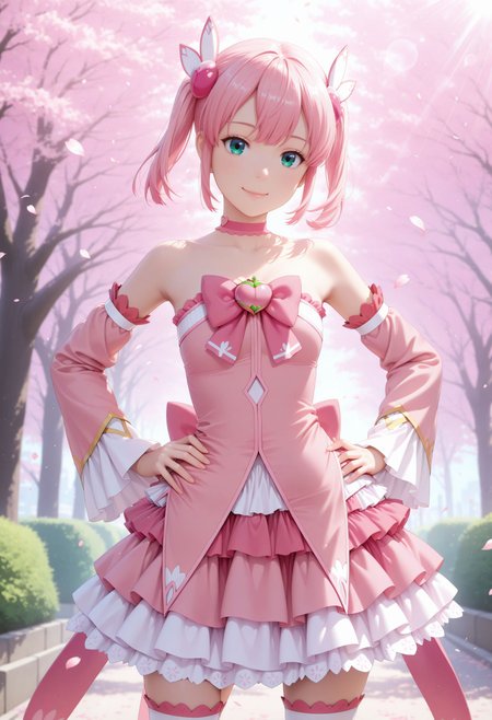 masterpiece, best quality, newest, realistic, very awa, looking at viewer, ,
looking at viewer, smile, , happy, outdoors, petals, sakura trees, lens flare, sun rays, looking at viewer, dutch angle
standing, hand on hips,
 1girl, short hair, pink hair, twintails, hair ornament, green eyes, small breasts, magical girl, pink choker, bare shoulders, pink bow, frills, strapless dress, pink dress, detached sleeves, layered skirt, white thighhighs,
 <lora:Chiyoda Momo v2:1>