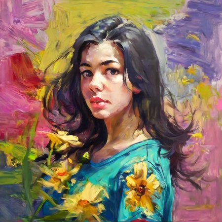 artmix01beautiful girl with a flower in a colorful t-shirt, very detailed<lora:artmix01:1>