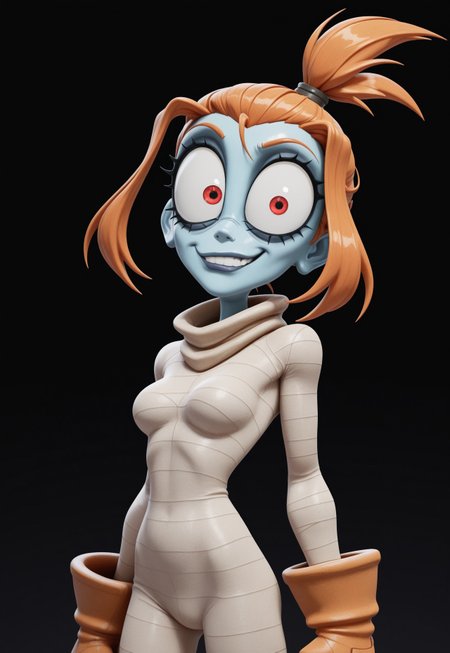 3d, cell shaded, cartoony, masterpiece, best quality, detailed background, 8k, 1girl, solo, Mel, blue skin, colored skin, red eyes, big eyes, orange hair, ponytail, topknot, white bodysuit, bandages, orange gloves, smirk, teeth, breasts, dark background, half body, staring at viewer, no pose