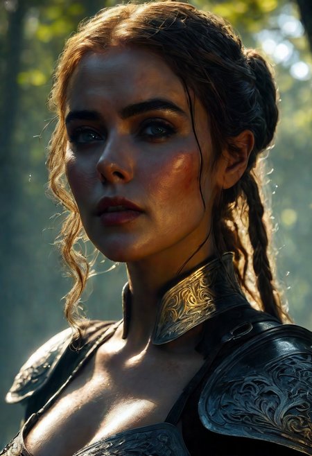 Ultra detailed digital art masterpiece Warrior girl dressed in a iron Armor, Standing on a battlefield at the head of an army of knights, where a bloody slaughter is taking place, standing in battle pose, a dark epic fantasy, perfect lighting, beautiful Kiernan Shipka as Warrior girl, attractive woman, elegant, sinewy athletic body, unreal engine 5 nanite quality, mixed with dark elements, dark environment, very stormy day, clean dark velour witch clothing, LOTR style, dark washed out eyeliner, no make up, natural bloody face, realistic brown eyes, ultra detailed atmospheric details, beautiful glowing effects, sparkle effects, realistic body proportions, beautiful face proportions, complex masterpiece, wavy blonde hair, hair braided into pigtails, creative glowing detailed tattoos, complex physics, enhanced colors, complimentary colors, ultra detailed raytracing reflections, Ultra detailed complex background, environment feels alive, direct eye contact, dramatic lighting, wet and sweaty skin, beautiful firm Breasts, Daylight, Concept art portrait by Greg Rutkowski, adding to the intense and dynamic atmosphere of the scene.