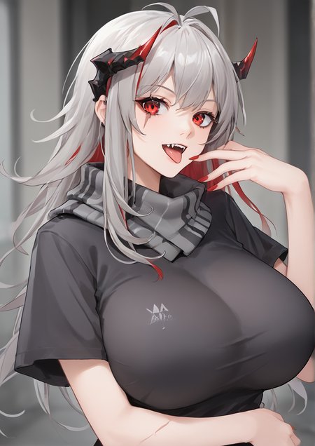 1girl, w (arknights), huge breast, antenna hair, breasts, fangs, fingernails, grey hair, grey scarf, grey shirt, horns, long fingernails, looking at viewer, multicolored hair, nail polish, open mouth, red eyes, red hair, red nails, scar, scar on arm, scarf, shirt, short sleeves, solo, teeth, tongue, tongue out, two-tone hair, upper body, upper teeth only, zPDXL3  <lora:zhudouziDOU:0.8>