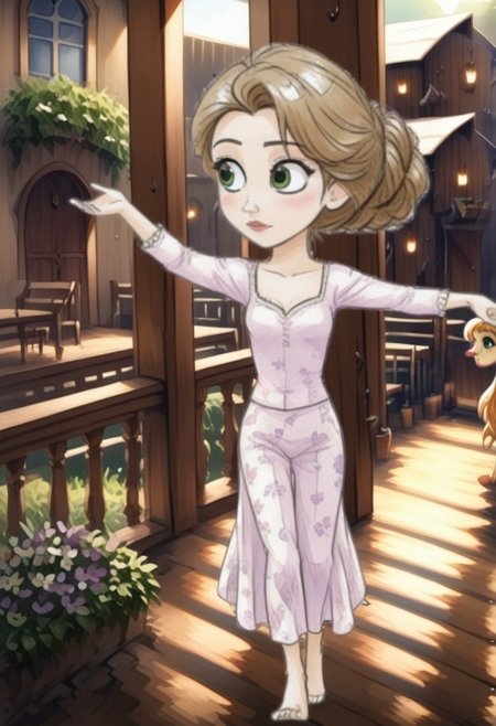 headsize, very large head, 1girl, RapunzelWaifu, lively,  dancing on balcony, nighttime,  wearing floral gown, graceful, anime style