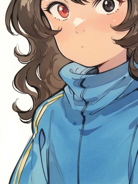 score_9, score_8_up, score_7_up,  
1girl, natsu tsukishima, brown hair, long hair, wavy hair, heterochromia, red eyes, black eyes,
white background, blue track jacket, face, close-up, looking at viewer, closed mouth,
