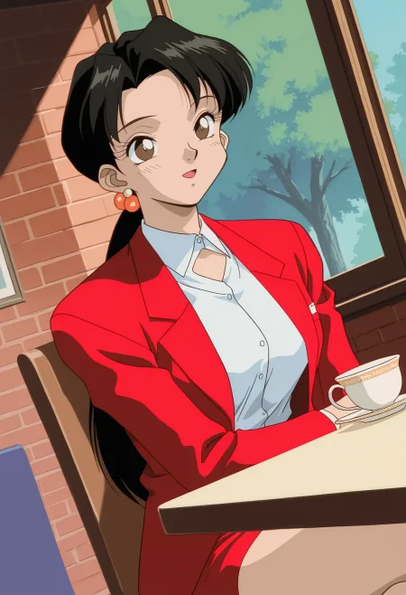 ktml_sakura, 1990s \(style\), adult woman, film grain, 1girl, solo, sitting, on chair, upper body, dutch angle,
window, tree, brick wall, restaurant, table, teacup, medium breasts, looking ahead, open mouth, smile,
black hair, long hair, low ponytail, hair ornament, parted bangs, earrings, jewelry, eyelashes, brown eyes, blush, pose, crossed legs, thighs,
red jacket, formal, suit, white collared shirt, dress shirt, (shirt cutout:1.2), open jacket, red pencil skirt,
best quality,amazing quality,very aesthetic,absurdres
 <lora:ktml_sakura:1>