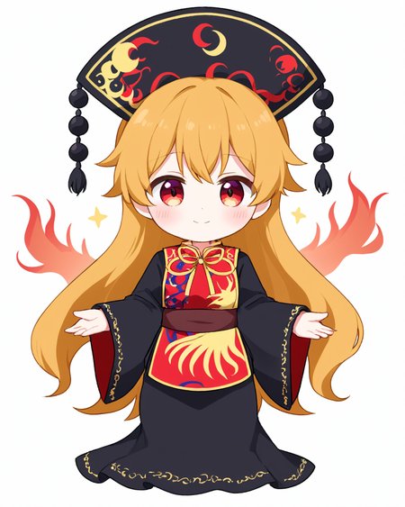 junko \(touhou\),tabard, chibi, smile, black_dress, phoenix_crown, long_sleeves, wide_sleeves, chinese_clothes, crescent, hat, closed_mouth, 1girl, solo, black_headwear, pom_pom_\(clothes\), simple_background, white_background, blush, standing, energy, yellow_bowtie, red_vest, stuffed_animal, black_sleeves, belt, black_footwear, hands_up
<lora:junko_(touhou)_image6079_2023-12-20-000007:1>,star-shaped_pupils,symbol-shaped_pupils,. gorgeous,key visual, vibrant, studio anime,award-winning, professional, highly detailed,high budget, cinemascope