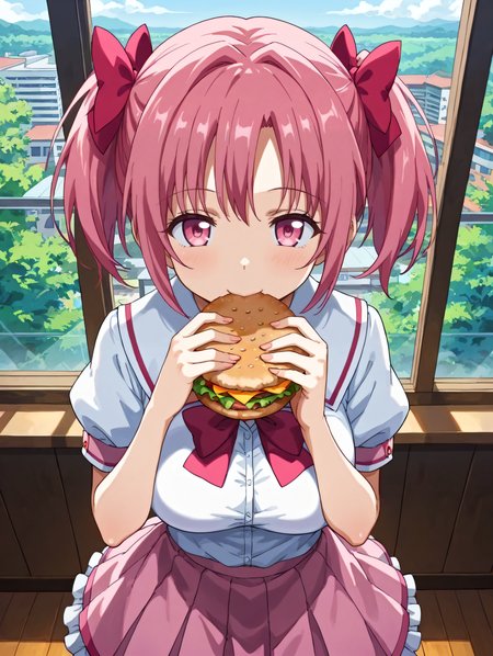 score_9, score_8_up, score_7_up, source_anime,  
<lora:Mahou_Jouka_Shoujo_Utea_Hentai_Style:0.725>, UteaStyle,
BREAK
1girl, solo, kaname_madoka, mahou_shoujo_madoka_magica, hair bow, twintails, pink_hair, pink_eyes, school uniform, skirt
BREAK
large breasts, eating burgers at a restaurant, smile, confused, window, looking at viewer, from above