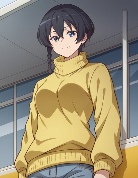 score_9, score_8_up, score_7_up, source_anime, <lora:karen-kohiruimaki-s1-ponyxl-lora-nochekaiser:1>, karen kohiruimaki, short hair, bangs, blue eyes, black hair, hair between eyes, braid, side braid, medium breasts,, long sleeves, pants, sweater, turtleneck, denim, jeans, turtleneck sweater, yellow sweater, bus stop, waiting, commuter, smartphone, checking time, cold morning, smile, , from below, solo,, cowboy shot, dutch angle,