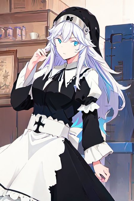 solo, 1girl, solo_focus, 
sister ivry, long hair, bangs, blue eyes, hair between eyes, white hair,, maid, nun, habit, puffy sleeves, long sleeves, dress, black dress,